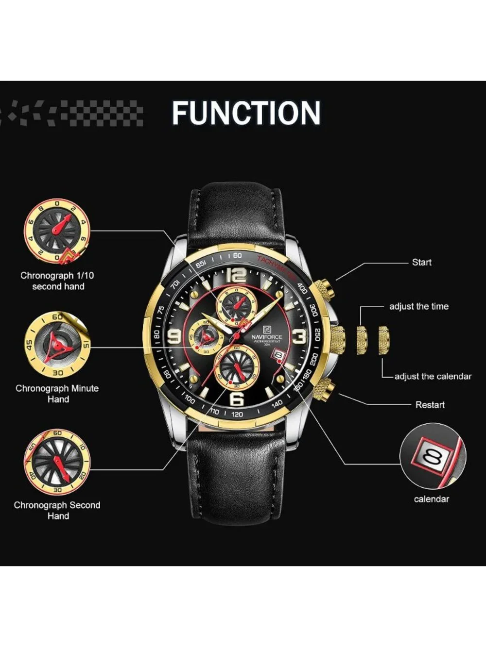 Men's Gold Black Analog Quartz Chronograph Leather Strap Fashion Wrist Watch